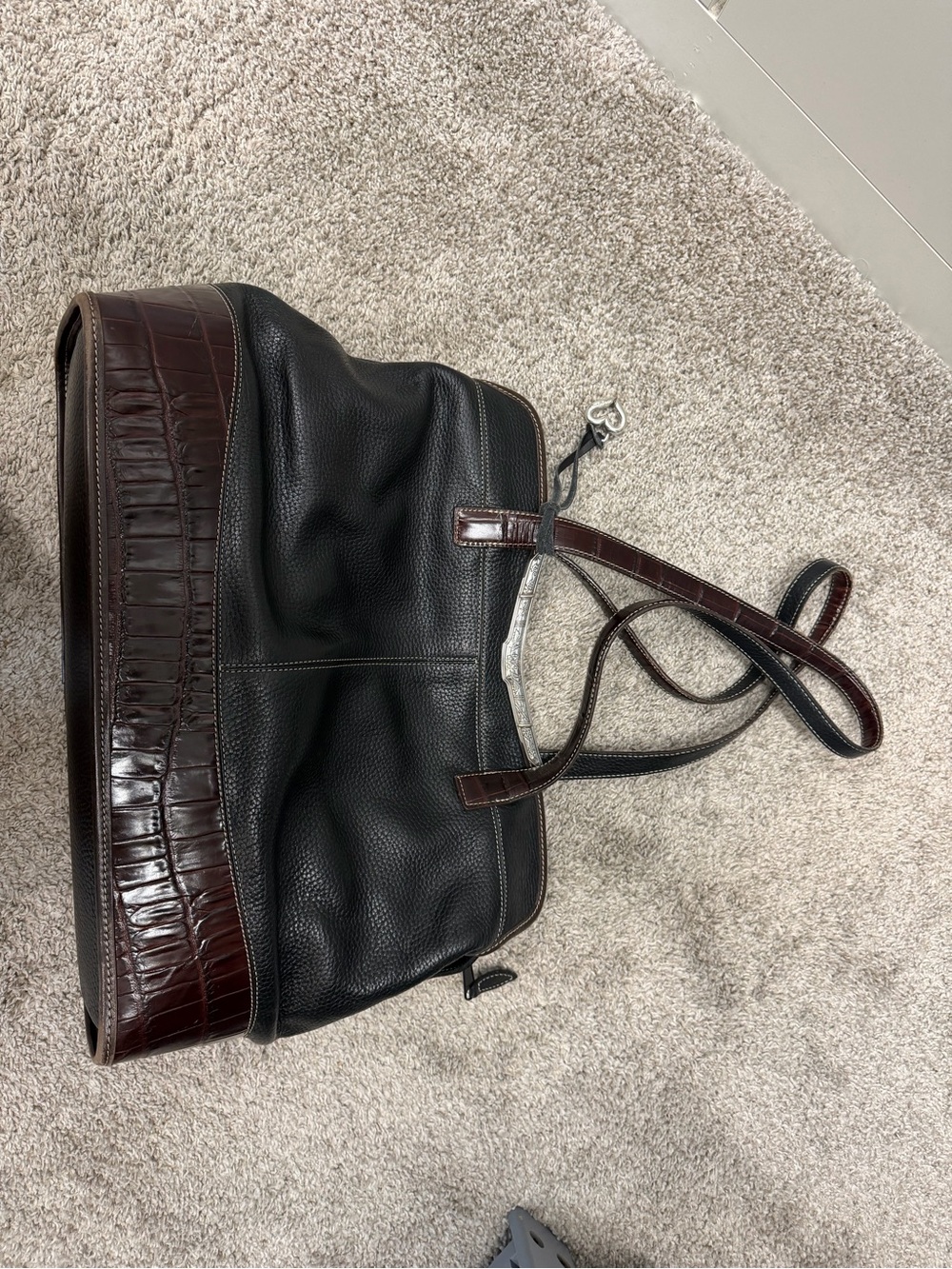 Brighton Black Pebbled Leather Tote with Brown Croc-Accent Trim
